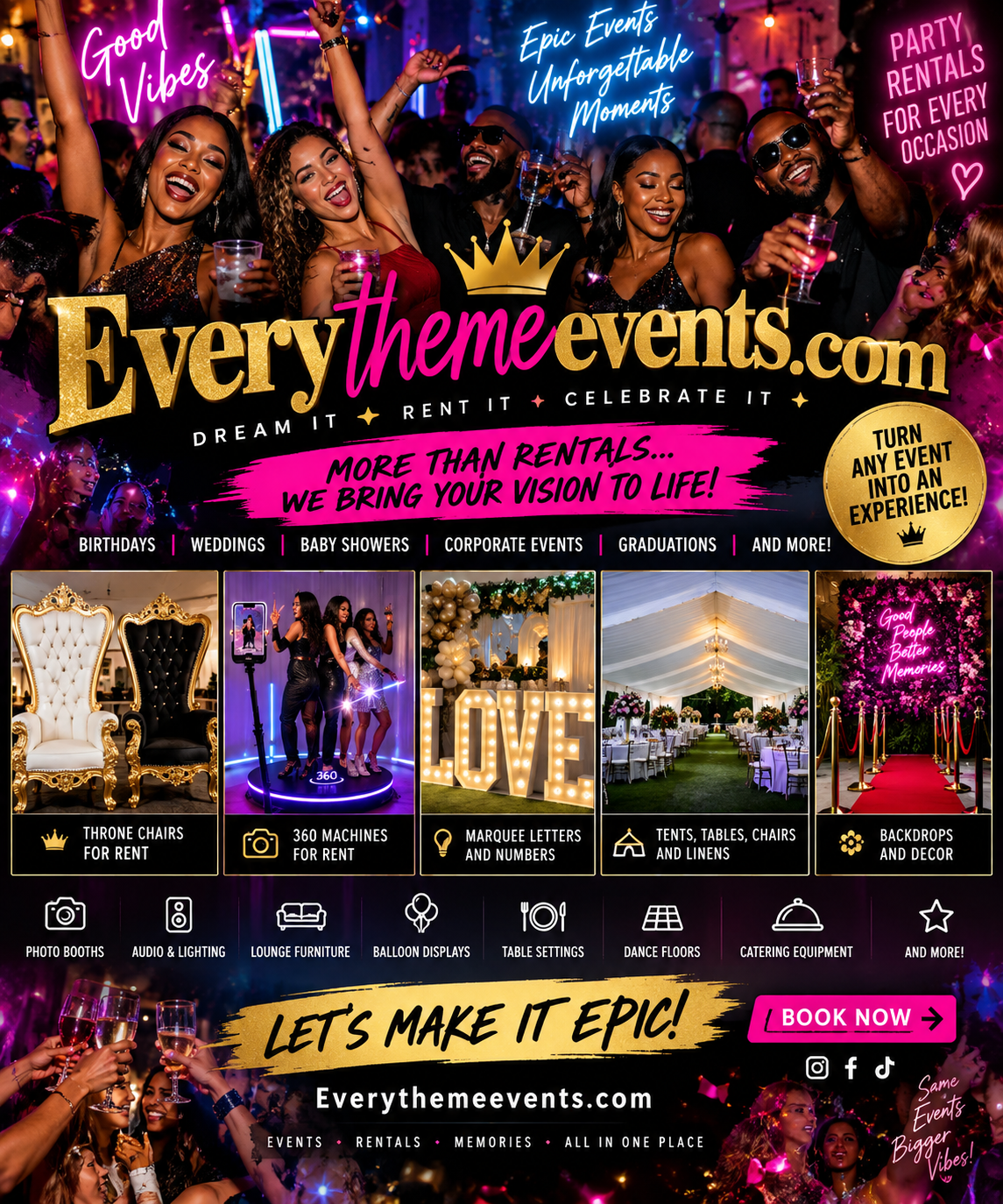 Every Theme Events party rentals flyer featuring throne chairs, 360 machines, marquee letters, tents, tables, chairs, linens and décor
